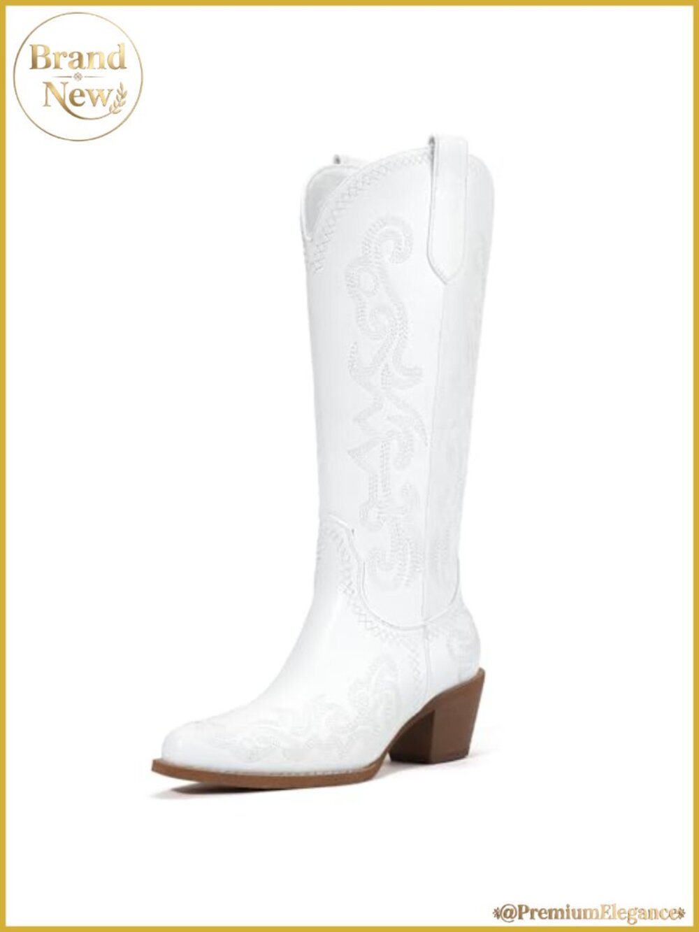Knee High Cowboy Boots Pointed Toe Embroidered Faux Leather Western